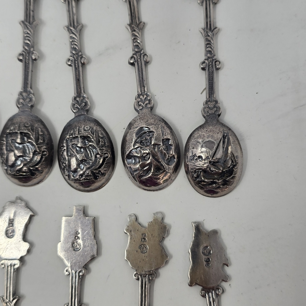 Vtg Holland Dutch demitasse mini spoons stamped novelty ornate figural set of 12 - Picture 9 of 10